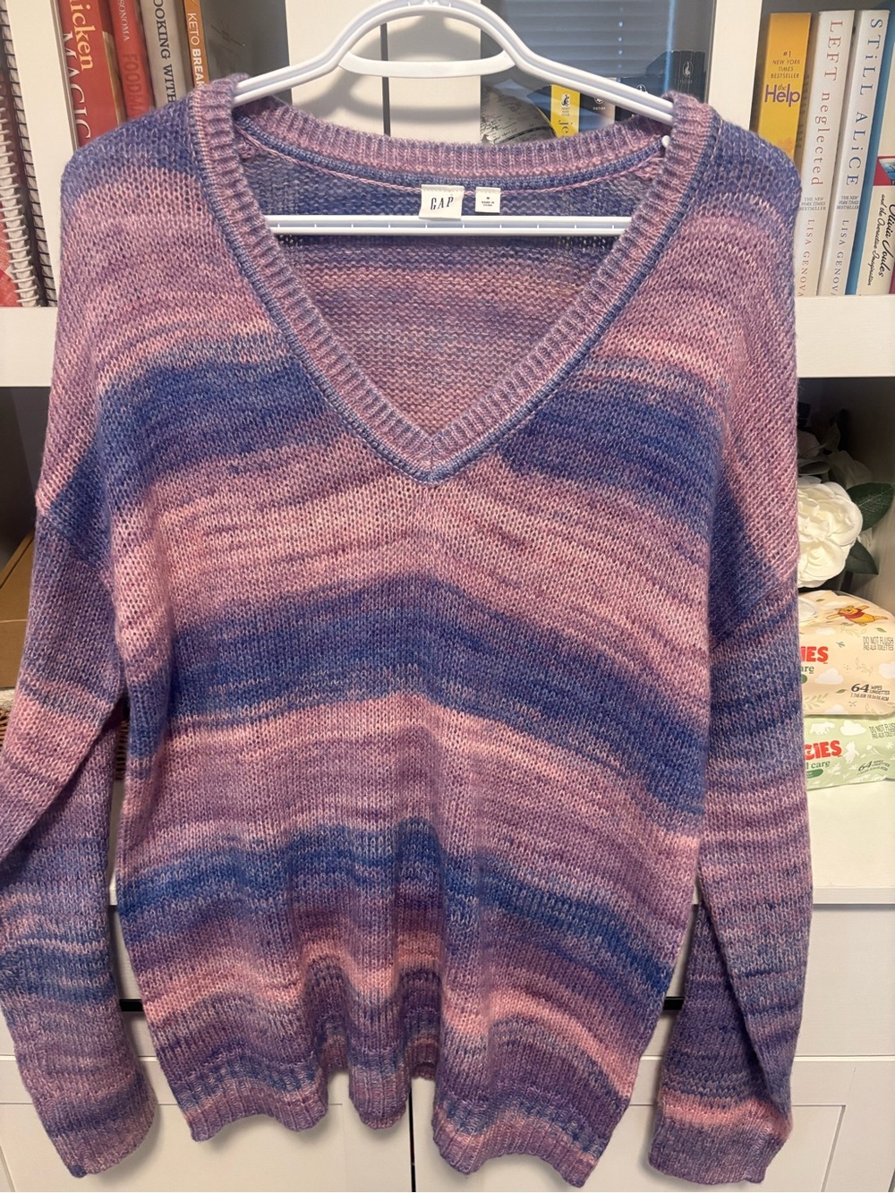 GAP Women's V-Neck Striped Gradient Sweater in Pink and Blue